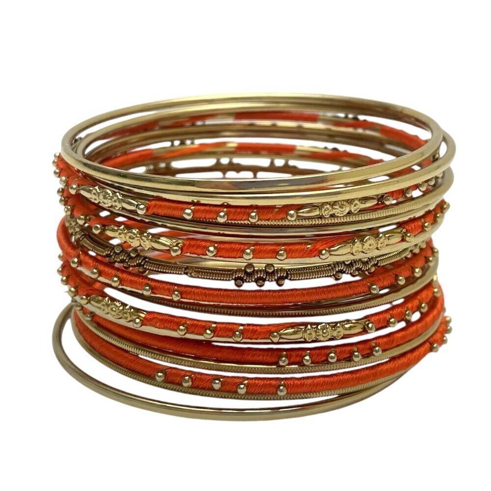 Amrita Singh Gold Tone Bangle Bracelet Set Orange Thread Wrapped 18 Bracelets